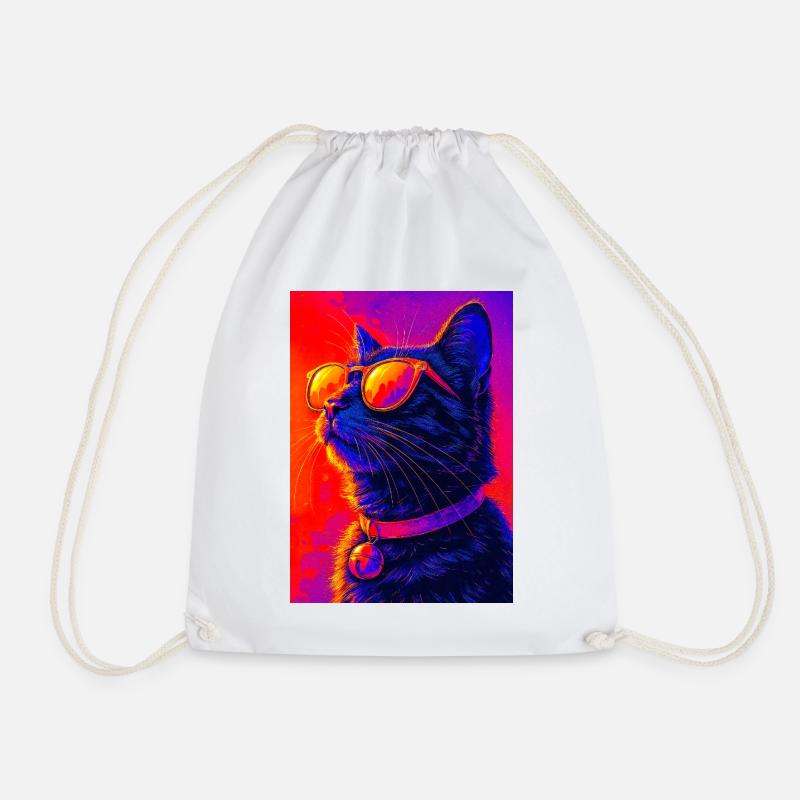 Vibrant Neon Cat with Sunglasses - Drawstring Bag - white