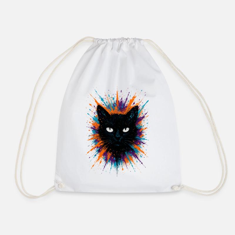 Black Cat Watercolor Splash Art - Drawstring Bag - white
