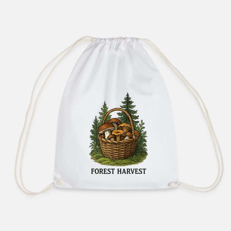 Forest Harvest Basket with Mushrooms - Drawstring Bag - white