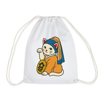 The Kitten with a Purrl Earring – Maneki Neko - Drawstring Bag - white - Front
