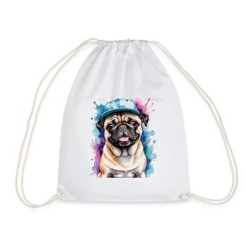 Pug Snapback Cap Dog Colorful Funny Design Print - Drawstring Bag - white - Front