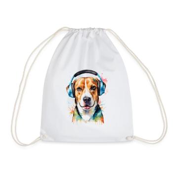 Beagle Headphones Dog Funny Animal Design Print - Drawstring Bag - white - Front