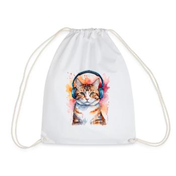Katze Kopfhörer Bunt Lustig Tier Design Print - Turnbeutel - Weiß - Vorne