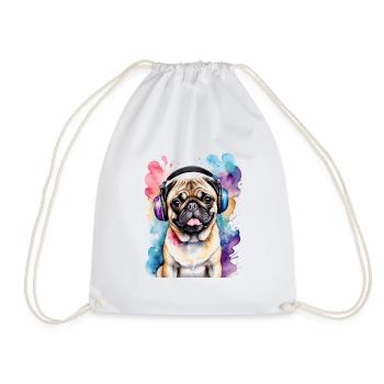 Pug Headphones Dog Colorful Funny Animal Design Print - Drawstring Bag - white - Front