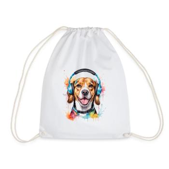 Beagle Headphones Dog Funny Animal Design Print - Drawstring Bag - white - Front