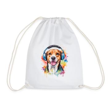 Beagle Headphones Dog Funny Animal Design Print - Drawstring Bag - white - Front