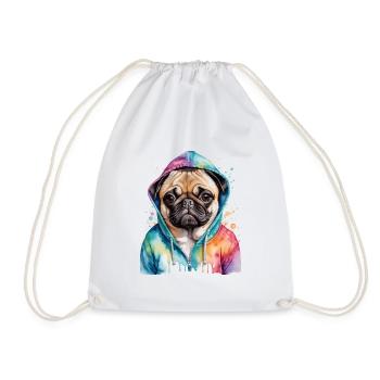 Mops Hoodie Hund Bunt Lustig Tier Design Print - Turnbeutel - Weiß - Vorne