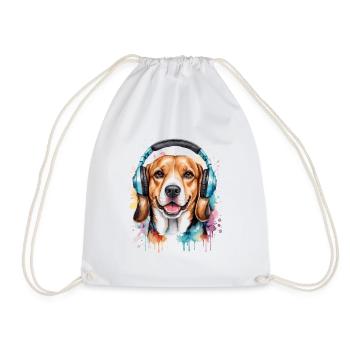 Beagle Headphones Dog Funny Animal Design Print - Drawstring Bag - white - Front