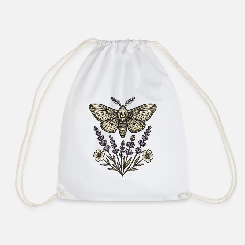 Moth over lavender bouquet - Drawstring Bag - white