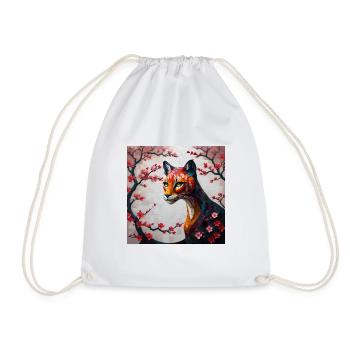 Slender Cat in Flower Branches Mosaic - Drawstring Bag - white - Front