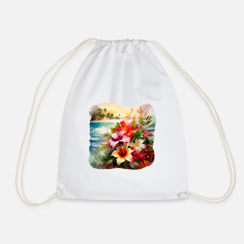 Tropical Flowers - Drawstring Bag - white