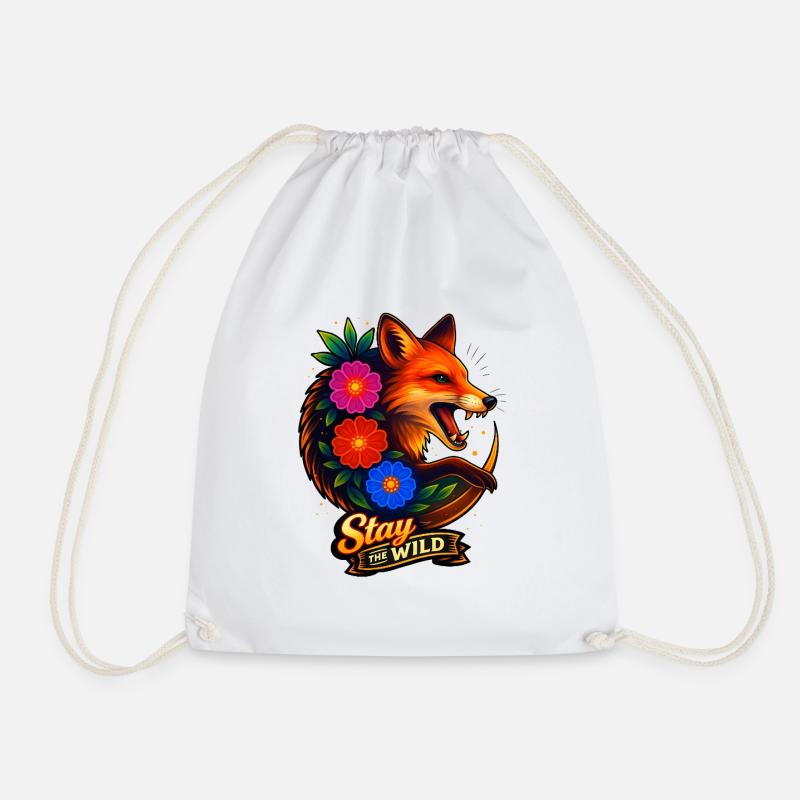 Fox with flowers Stay wild - Drawstring Bag - white