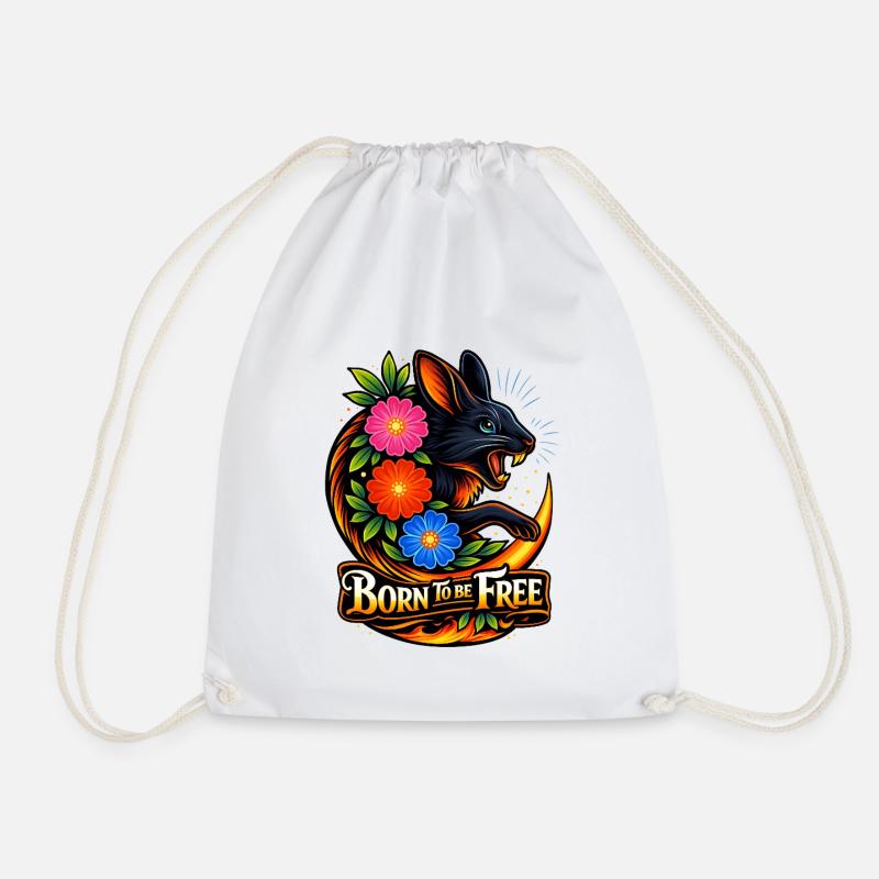 Hare as Free as the Wind and Flowers - Drawstring Bag - white