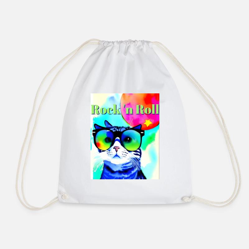 Rock n Roll Cat Face with Sunglasses - Cat - Drawstring Bag - white