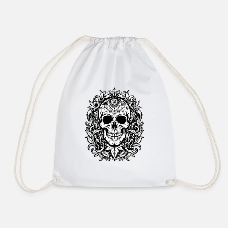 Victorian Skull with Floral Patterns Art Print - Drawstring Bag - white