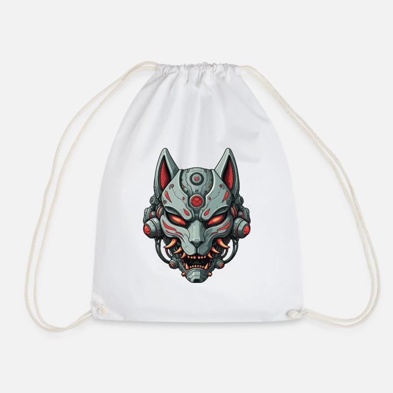 Kitsune Cyberpunk Mask Mecha Robot Warrior - Drawstring Bag - white