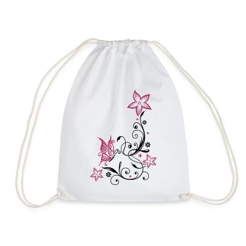 Flowers with filigree floral ornament, butterfly - Drawstring Bag - white - Front