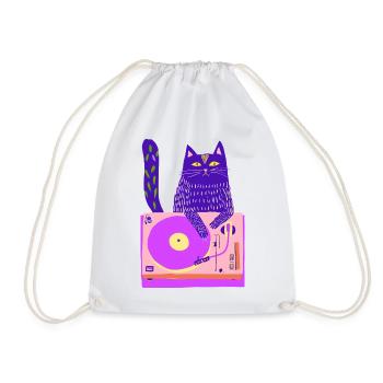 Neon Cat DJ on Pink Turntable - Drawstring Bag - white - Front