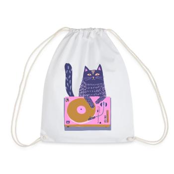 Purple DJ Cat on Pink Turntable - Drawstring Bag - white - Front
