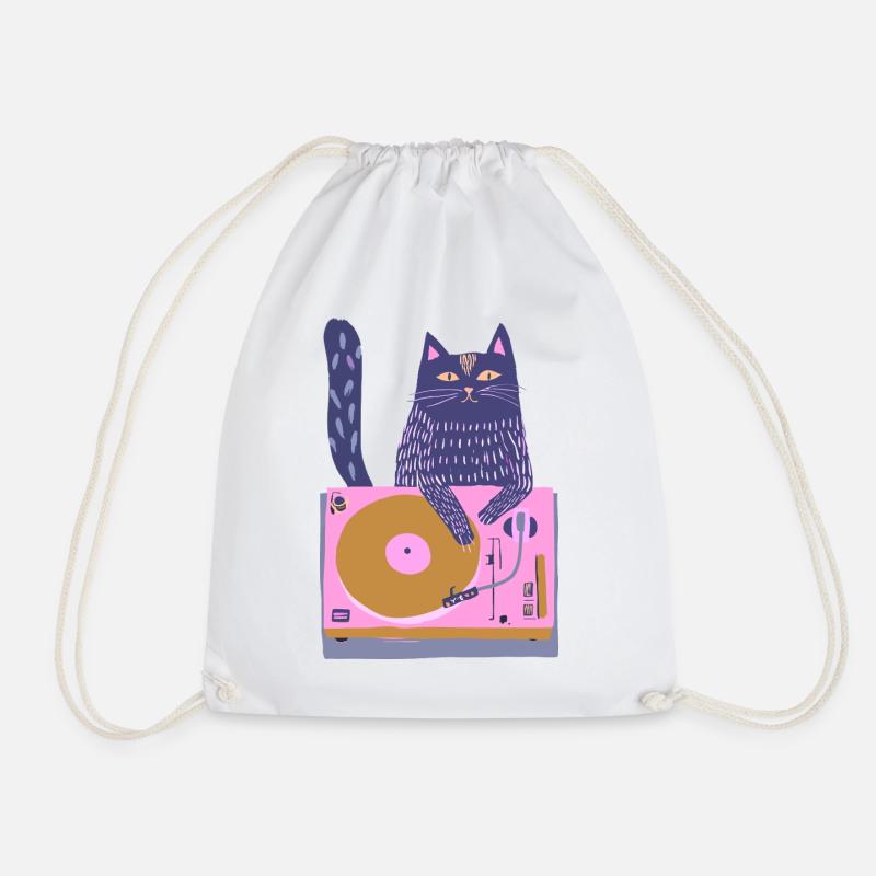 Purple DJ Cat on Pink Turntable - Drawstring Bag - white