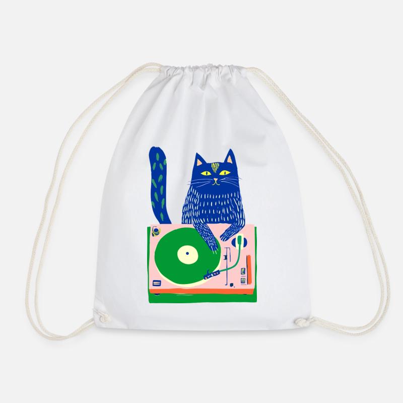Blue Cat DJ on Whimsical Turntable - Drawstring Bag - white