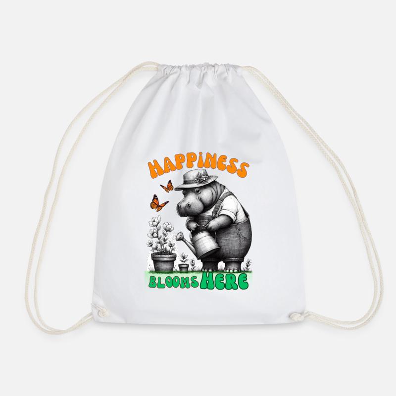 Happiness Blooms Here gardening Hippo - Drawstring Bag - white