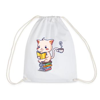 Süße Kawaii Katze auf Bücher und Kaffee - Turnbeutel - Weiß - Vorne