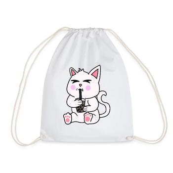 Bubble Tea Drinking White Cat Anime Kawaii - Drawstring Bag - white - Front