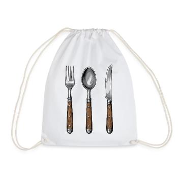 Rustic Cutlery Motif Wooden Handle - Drawstring Bag - white - Front