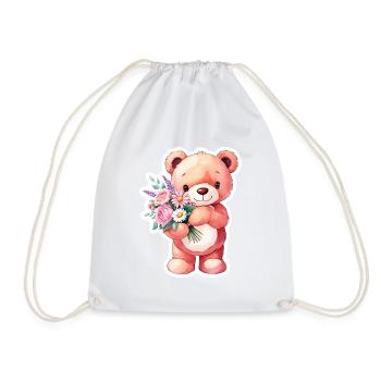 Teddybär mit Blumenstrauß - Turnbeutel - Weiß - Vorne