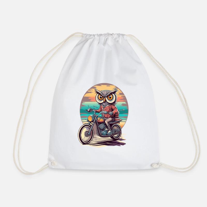 Retro Style Sunset Motorcycle Ride with a Wise Owl - Drawstring Bag - white