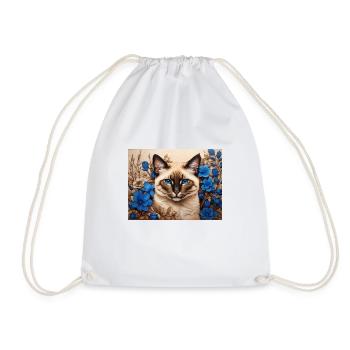 cat blue flowers - Drawstring Bag - white - Front