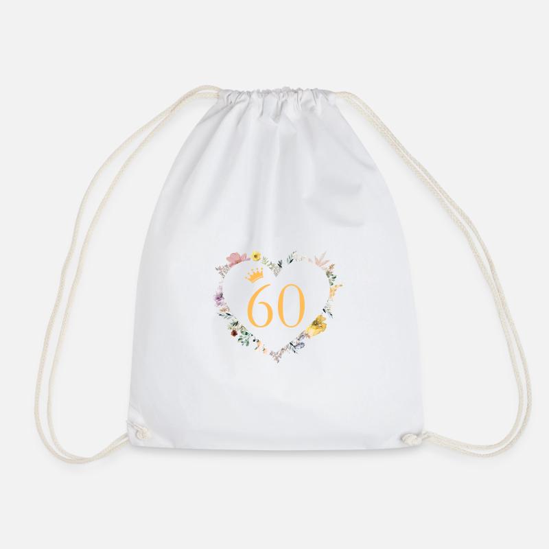 Number 60, Heart Flowers, Personalizable - Drawstring Bag - white