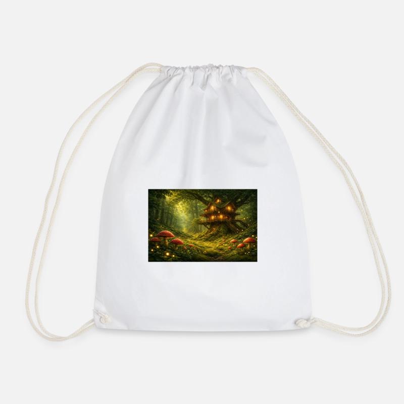 Tree House in the Fairy Forest - Drawstring Bag - white