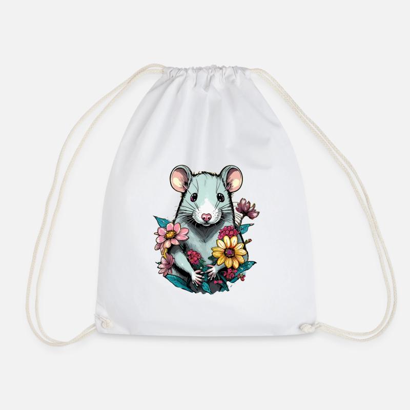 Rat with flowers - Drawstring Bag - white