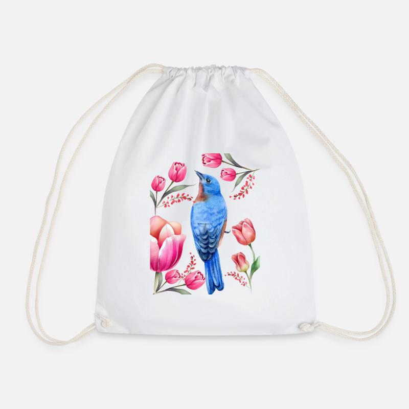 Blue bird and tulips - Drawstring Bag - white