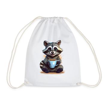 A happy raccoon with a cup of coffee - Drawstring Bag - white - Front