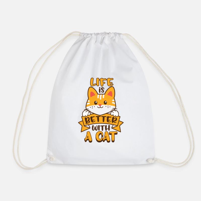 life is better with a cat - Drawstring Bag - white