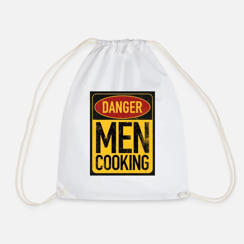 Danger Men Cooking - Warning men cook - Drawstring Bag - white