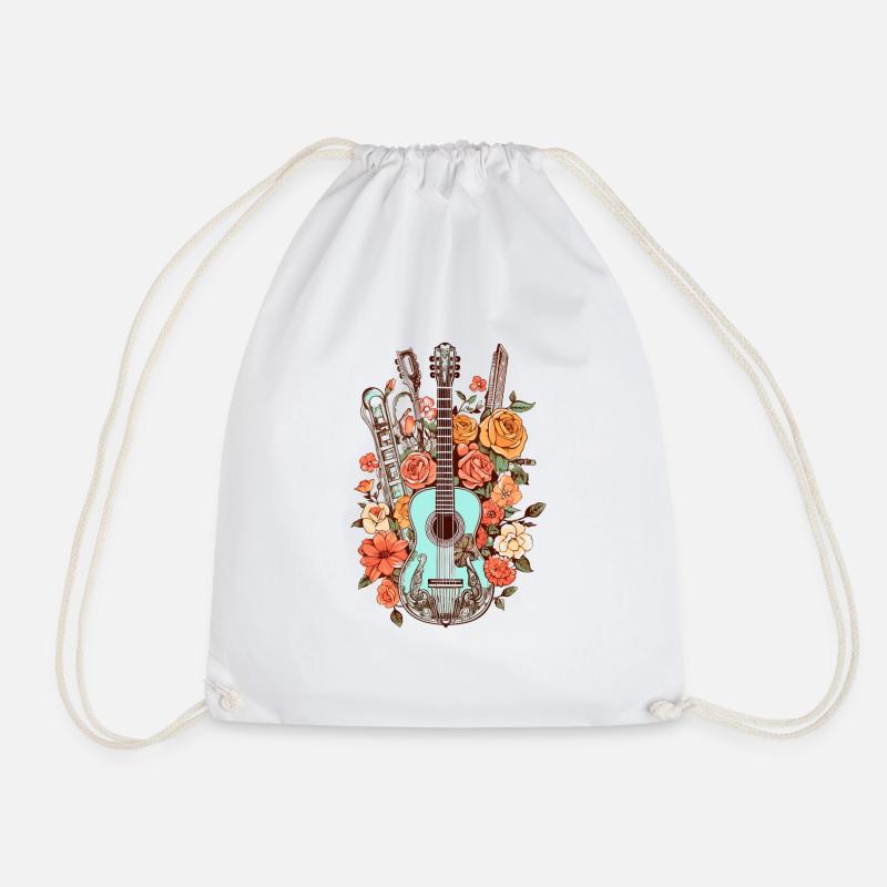 Guitar & Flowers #1 - Drawstring Bag - white
