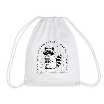 Raccoon with matcha tea humor kawaii aesthetic - Drawstring Bag - white - Front