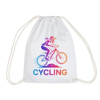 Girl Women Cyclist on Mountain Bike - Drawstring Bag - white - Front