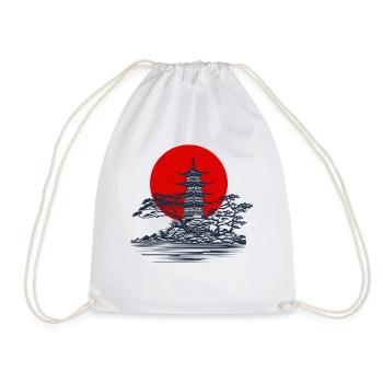 Pagoda silhouette with red sun scene - Drawstring Bag - white - Front