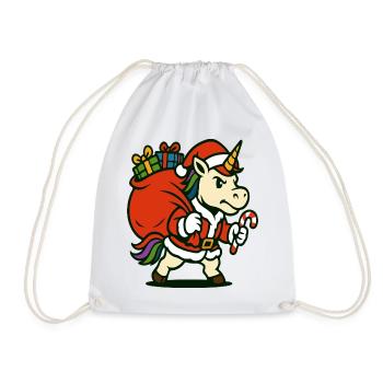 Starker Weihnachtsmann-Einhorn mit Geschenktüte - Turnbeutel - Weiß - Vorne