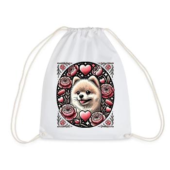 Floral Heart Shiba with Roses - Drawstring Bag - white - Front