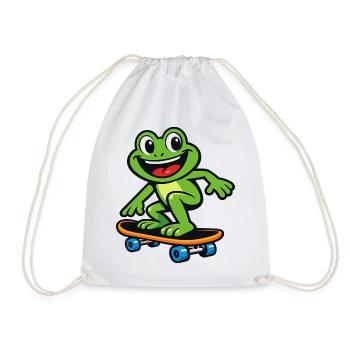Frog on Skateboard – Cartoon Design - Drawstring Bag - white - Front