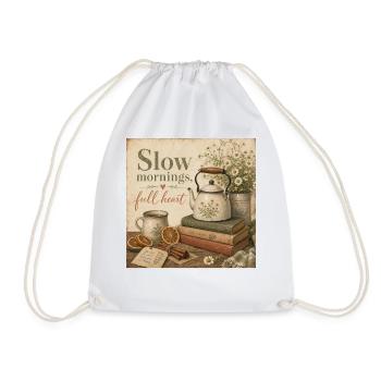Slow Mornings Full Heart Poster Coffee Tea Decoration - Drawstring Bag - white - Front