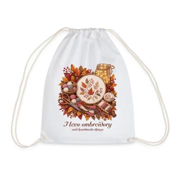 Herbstliche Stickerei mit Garn sticken Gesticktes  - Turnbeutel - Weiß - Vorne