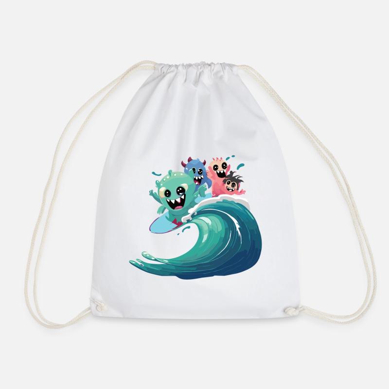 monsters surfing on wave - buntes Surfdesign - Turnbeutel - Weiß