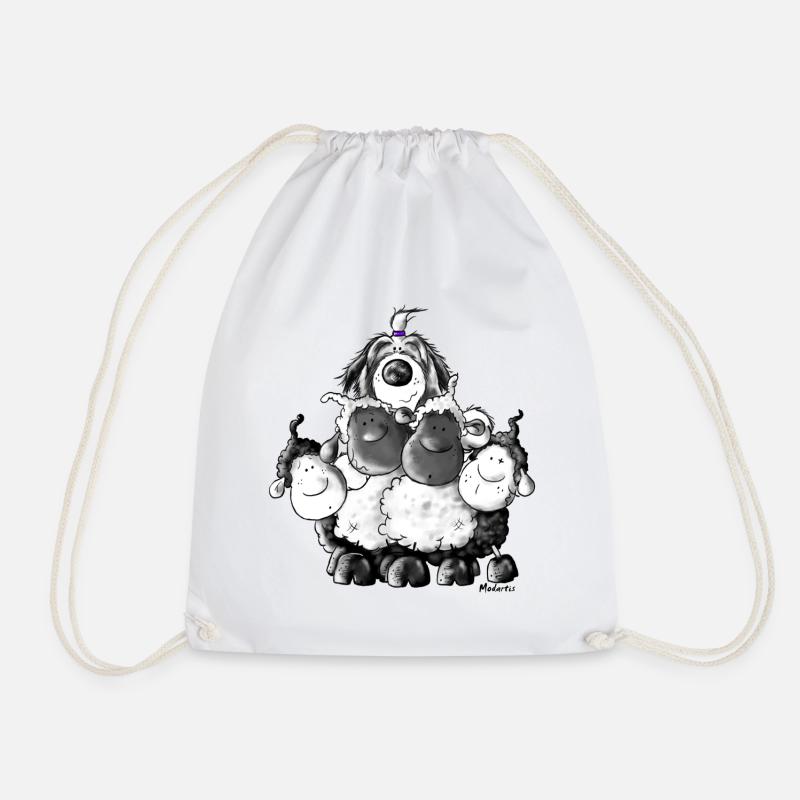 Bearded Collie and sheep - Herding dog design - Drawstring Bag - white